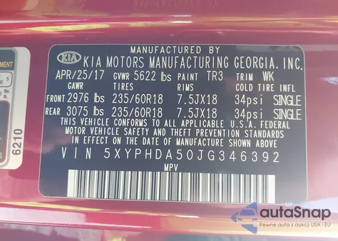 2018 Kia Sorento 3.3L Ex z USA, uszkodzony, nr VIN 5XYPHDA50JG346392
